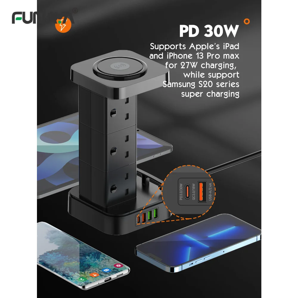 Prese Usb Pd 30W Fast Charg 1 Type-C 3 Usb 3.0 Port Vertical Creative Row Ricarica Wireless Uk Smart Tower Presa Per Ciabatta