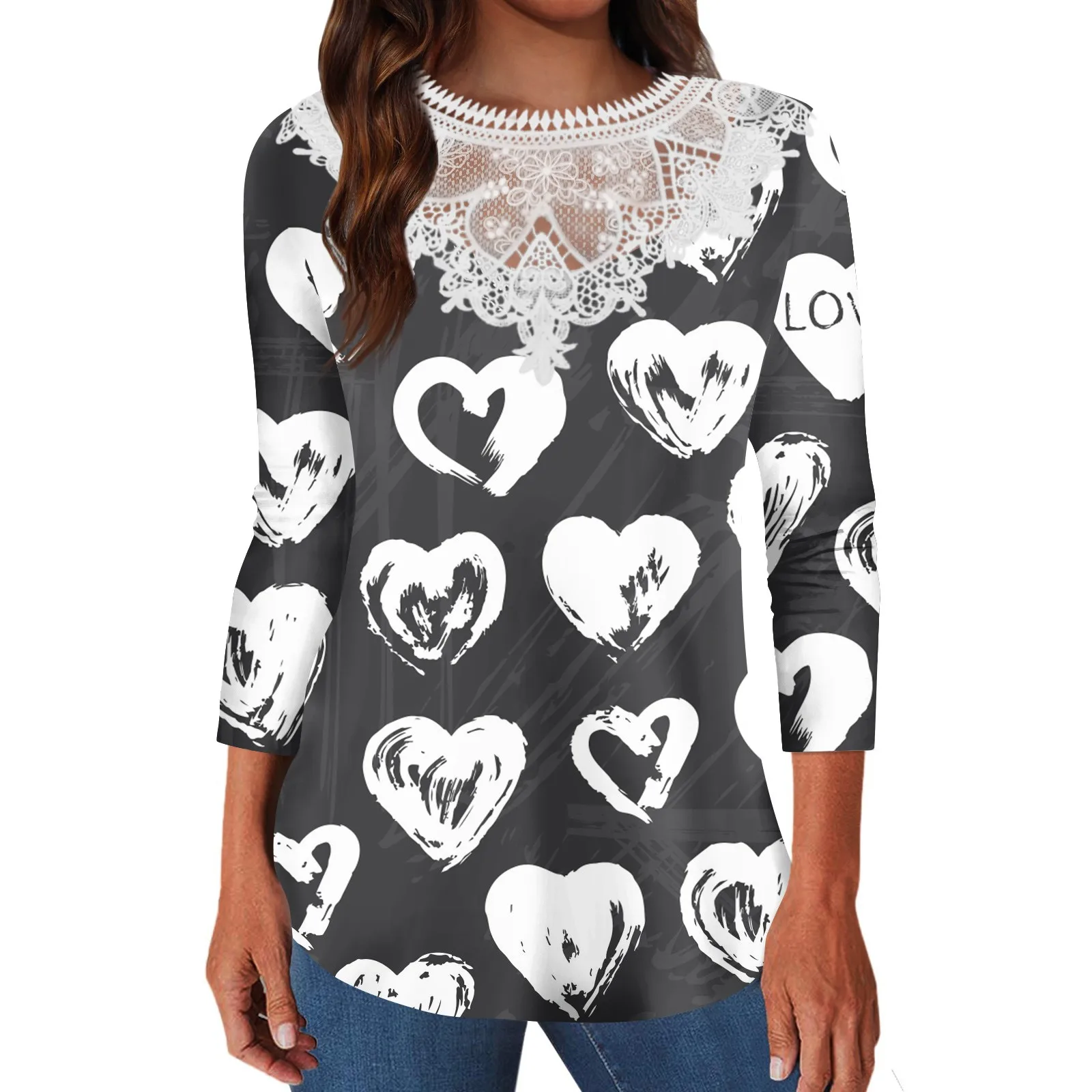 

Heart 3d Print T-shirts Women Streetwear Casual Fashion Harajuku Long Sleeve T Shirt Lace Patchwork Female Tees Tops Clothing