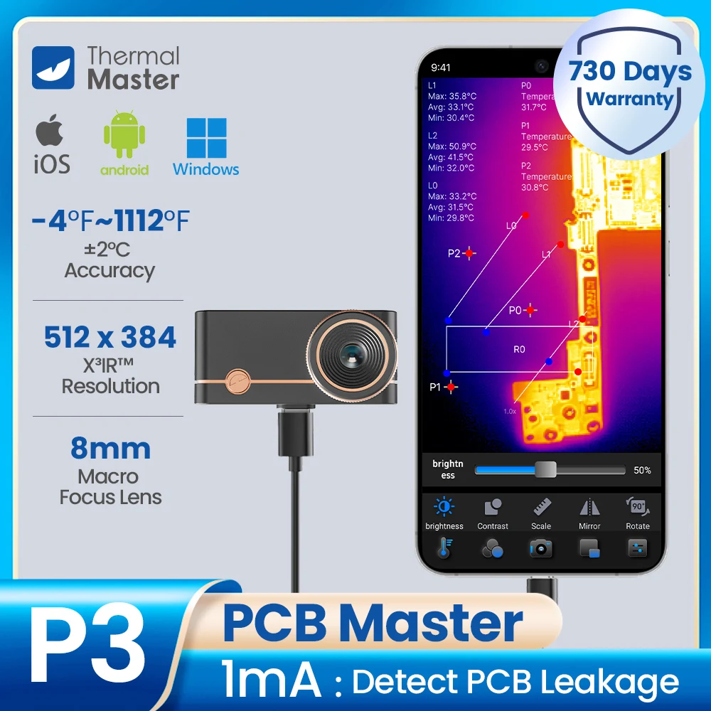 iPhone และโทรศัพท์ Android P3 กล้องถ่ายภาพความร้อน 512*384 X3IR ความละเอียดมาโครเลนส์สําหรับซ่อมโทรศัพท์ไฟฟ้า 600 ℃ 1
