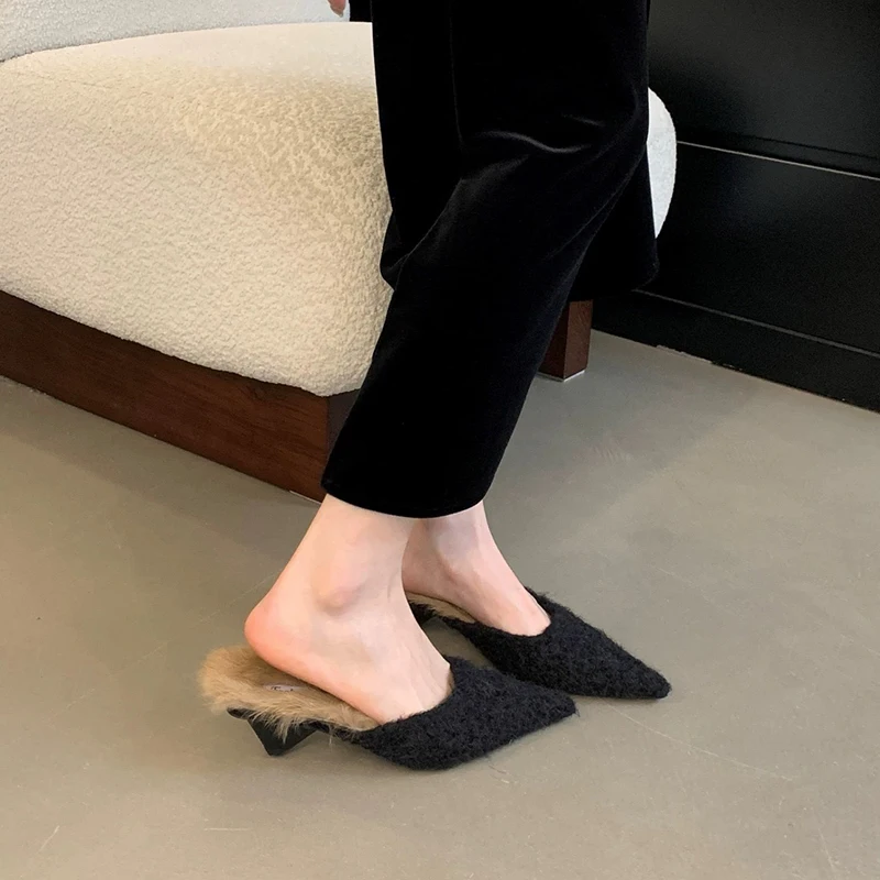Shoes Woman 2025 Slippers Casual Fur Flip Flops Pantofle Heeled Mules Luxury Plush Soft New High Slides Fur Shoes Slippers Soft 2
