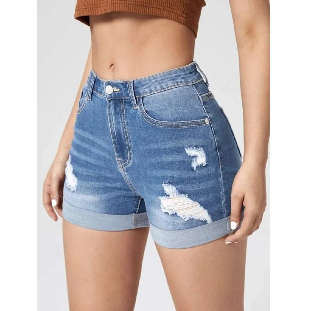 Women Summer Denim Shorts High Waist Ripped Hole Stretch Jeans Short Pants Ladies Casual Shorts