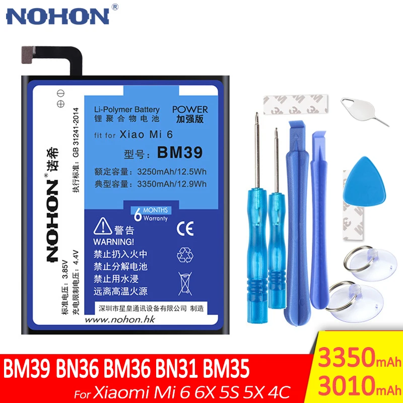 Bateria Nohon Original para Xiaomi Mi6 5s 4c 5x 6x Bm39 Bm36 Bm35 Bn31 Bn36 Baterias de Substituição do Telefone Móvel Bateria Livre Ferramentas