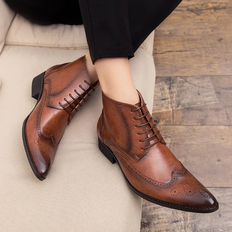 Misalwa Brogue College Style Men Chelsea Boots Lace up Versatile Leather Male Shoes Wedding Party Ankle Casual Short Boots