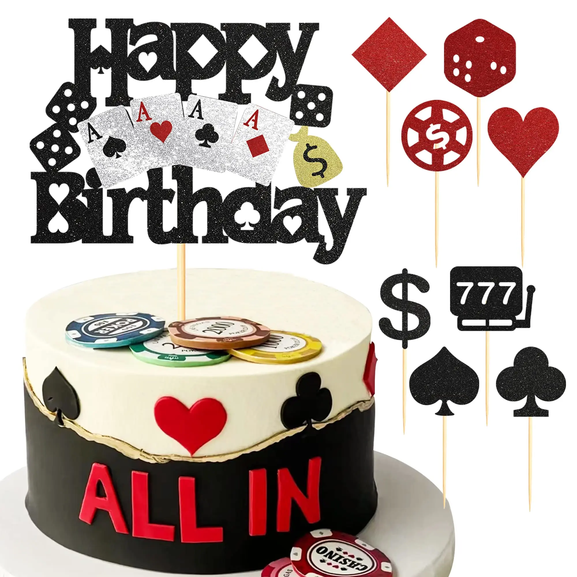 1-9 Stück Schwarz Rot Glitzer Casino Alles Gute zum Geburtstag Kuchen Topper Casino Poker Würfel Kuchen Dekor Las Vegas Themed Geburtstag Party Supplies – Detail 1