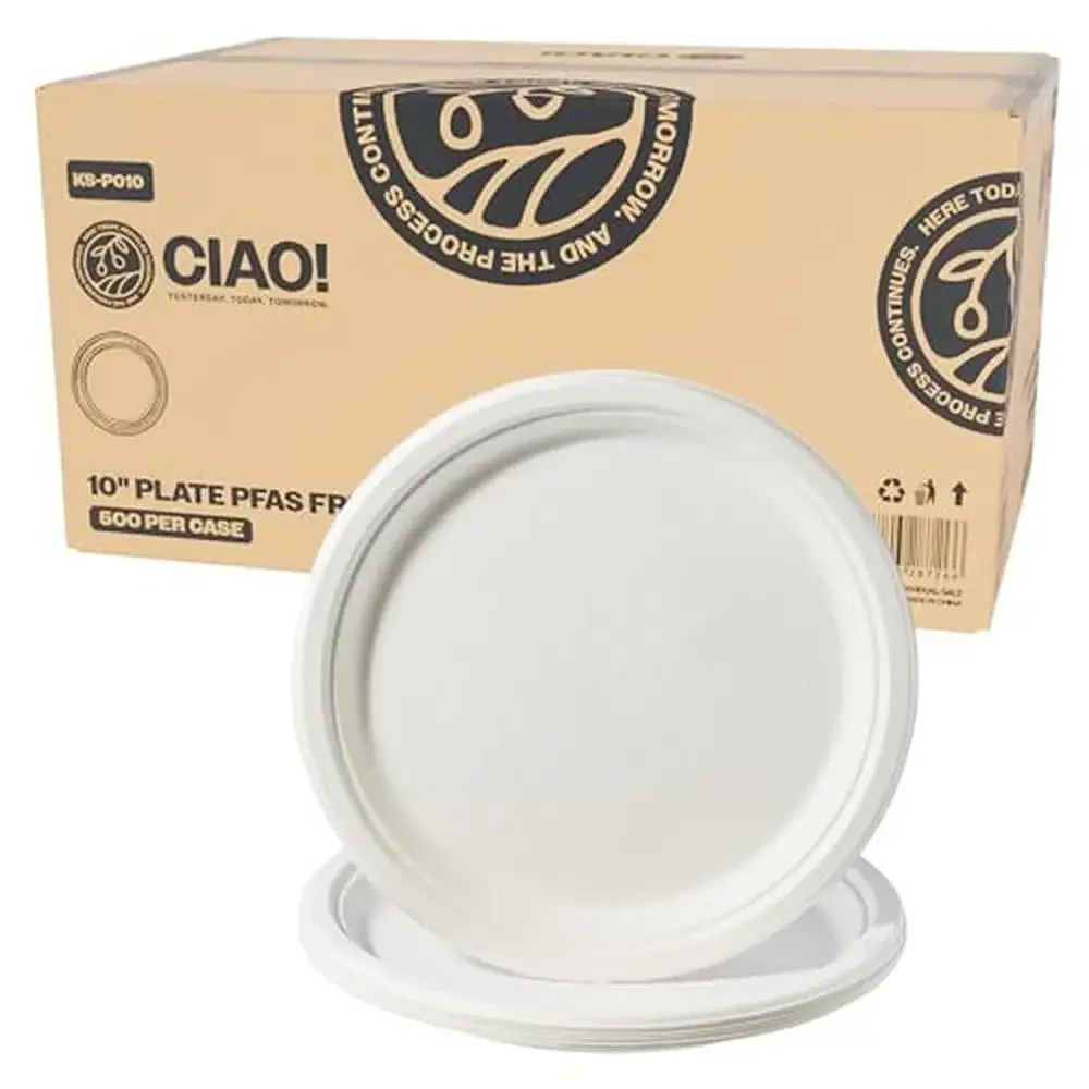 Eco-Friendly Heavy Duty Bagasse Bamboo Plates 10" Natural White Pack of 500