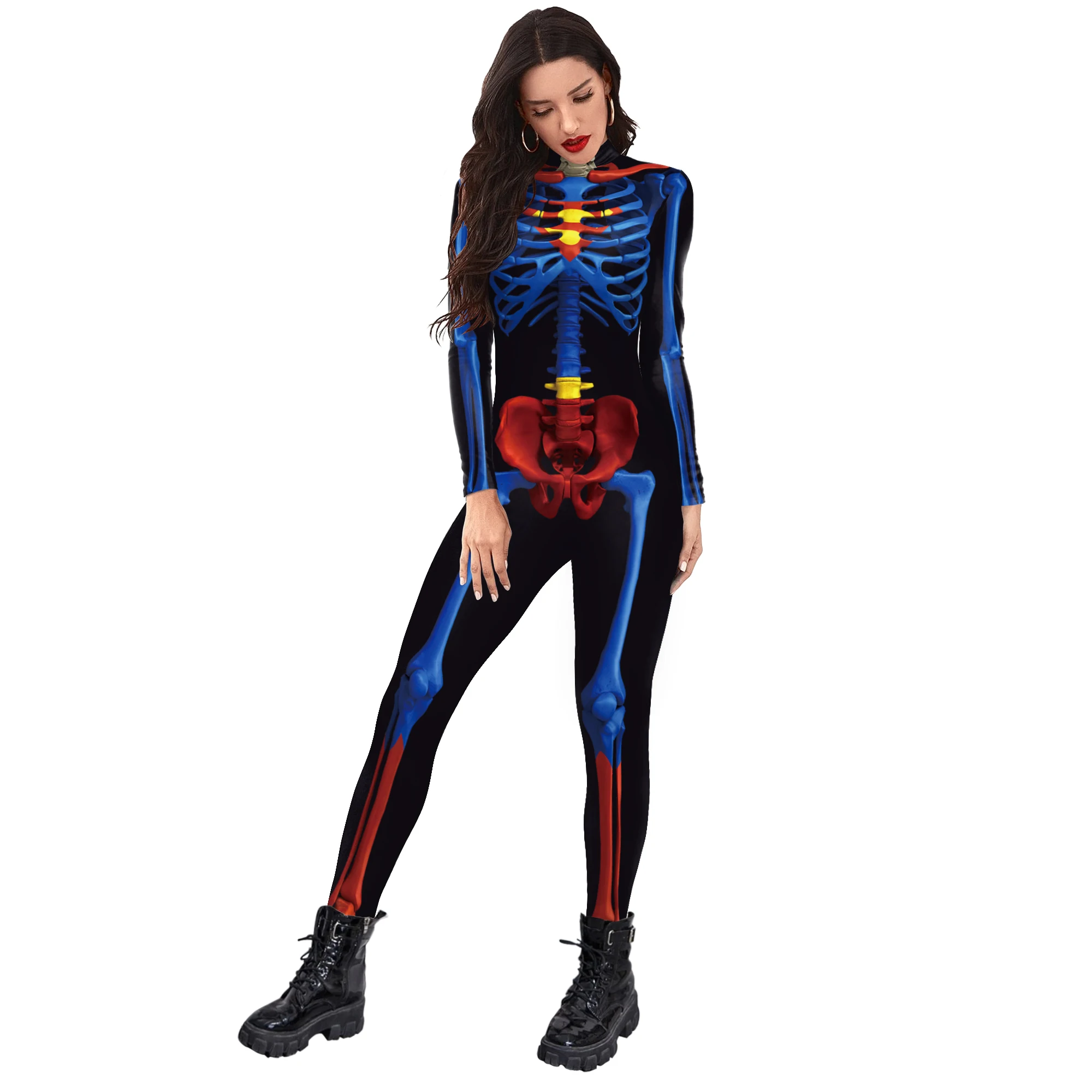 Zawaland Women Men Fashion Bodysuit Long Sleeve Skull Print Party Jumpsuit Holiday Party Funny Cosplay Costumes Performance