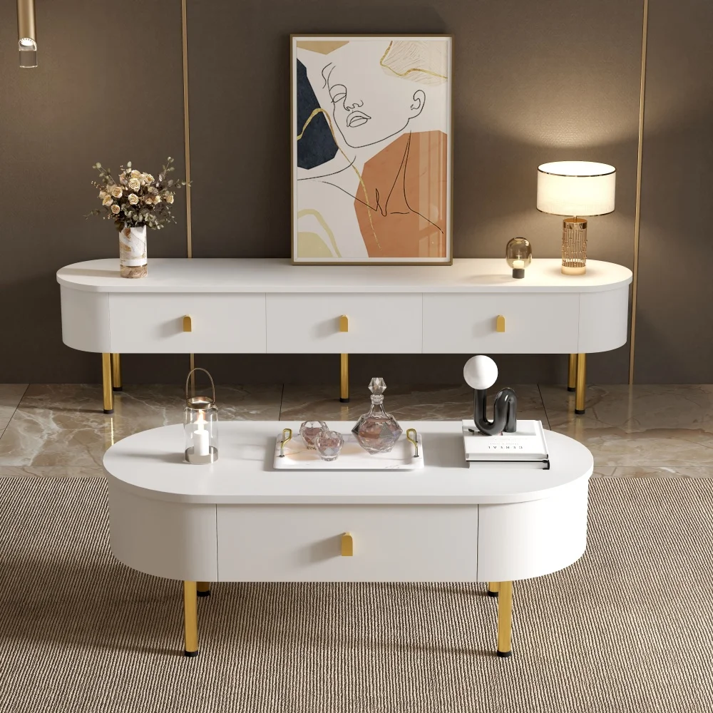 TV-Lowboard mit Schubladen – goldenen Griffen und Beinen, Design mit gebogenen Ecken, stilvoller TV-Schrank, Aufbewahrungsmöbel für Medien zu Hause – Detail 10