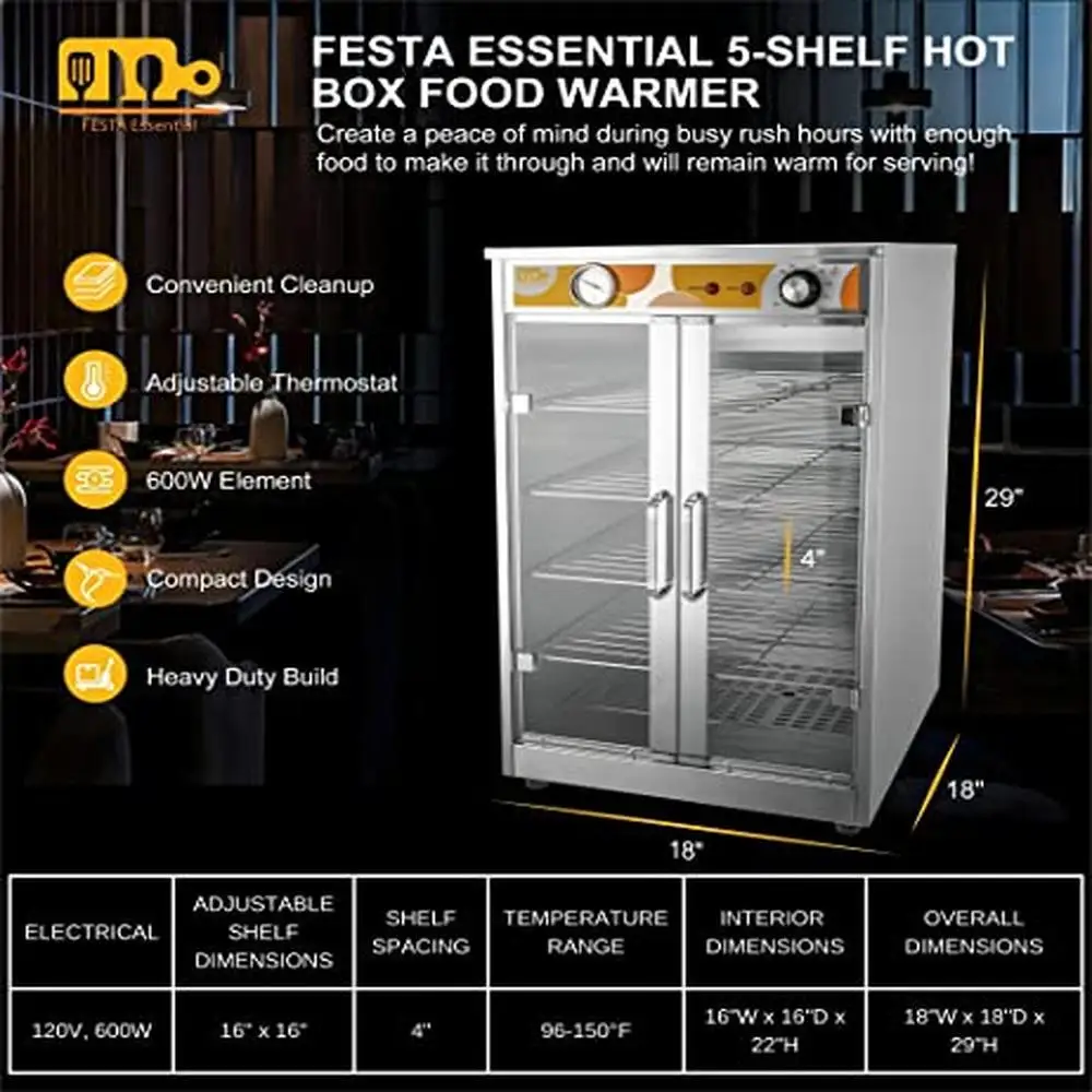 Commercial Stainless Steel 5-Shelf Electric Hot Box Food Warmer Oven Pizza/Pretzel Catering Warmer Cabinet Heat Hold 95-150°F 2