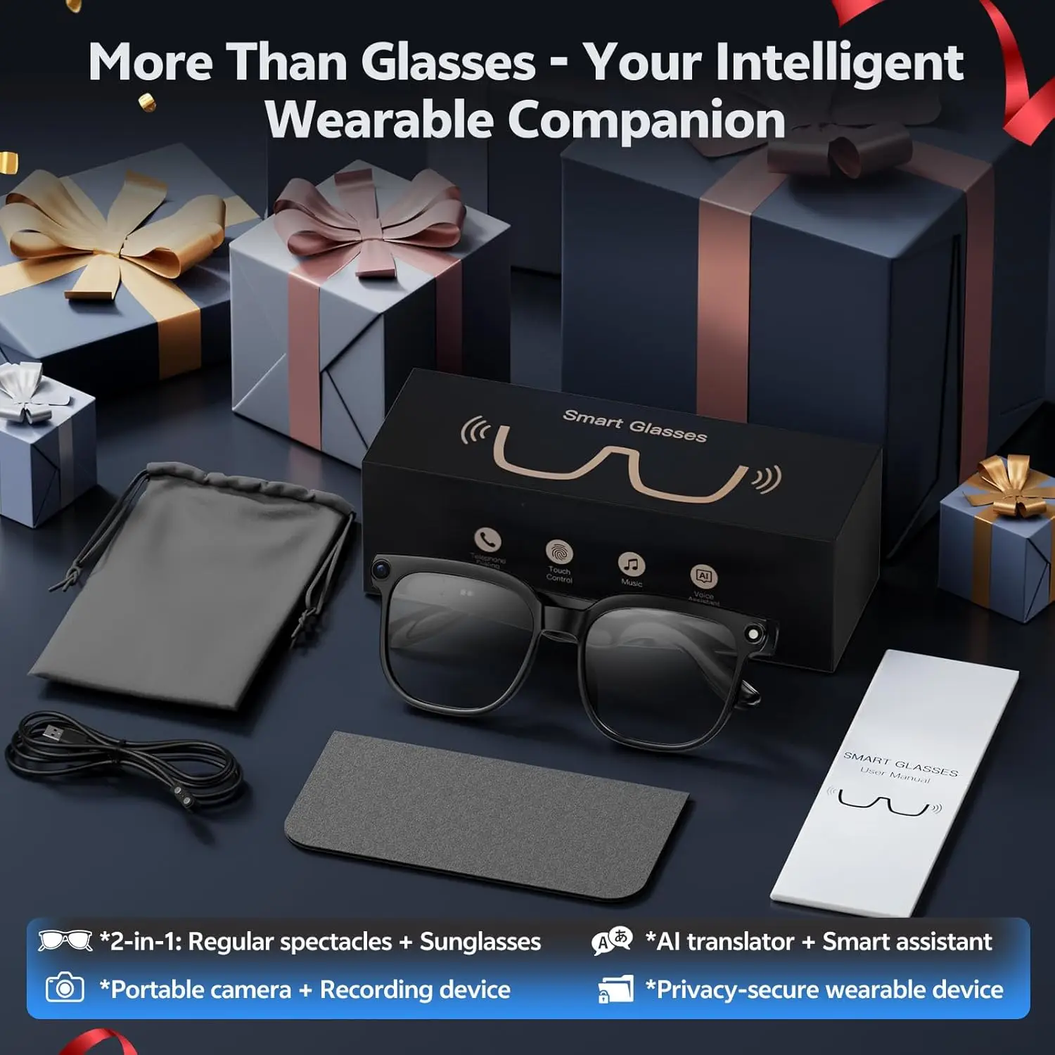 Occhiali Smart AI 2026 per Uomo Donna con Fotocamera 8MP 4K HD, Traduzione in oltre 150 Lingue, Funzione AI Wake-up, Audio Bluetooth e Funzione Occhiali da Sole - immagine 6