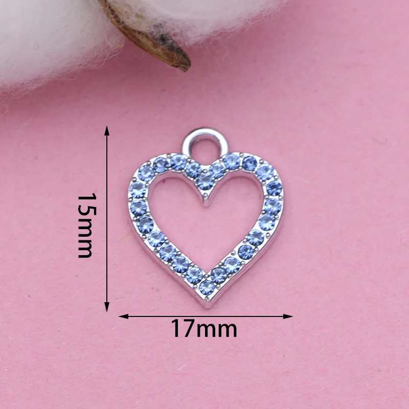 Silver Plated Pink Crystal Heart Charm Pendant 10Pcs for Jewelry Making Earrings Bracelet Necklace DIY Findings