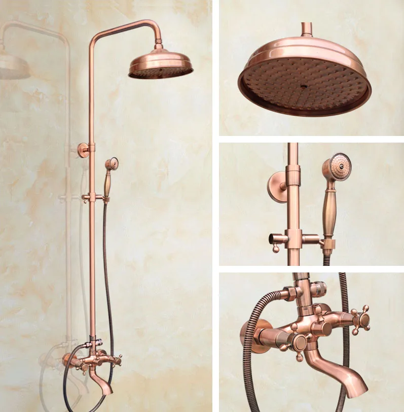 

Rainfall/Handheld Shower Faucet Set Antique Red Copper Dual Knob Handle Bathroom Bath Tub Hot And Cold Water Taps Kit Drg511