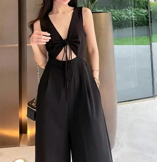 Women's Elegant Jumpsuit 2023 Sexy Babes Backless Strap Solid Color Waist Jumpsuit Summer Vacation Fashion Casual Loose Jumpsuit