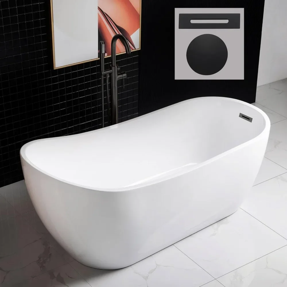67" Freestanding Bathtub with Matte Black Overflow and Drain，Bottom with Stainless Steel Bracket Makes，Contemporary Soaking Tub 2