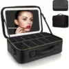 Large size travel makeup bag with mirror, zoned makeup bag with LED-lit makeup mirror, 3 light color modes, adjustable, 1