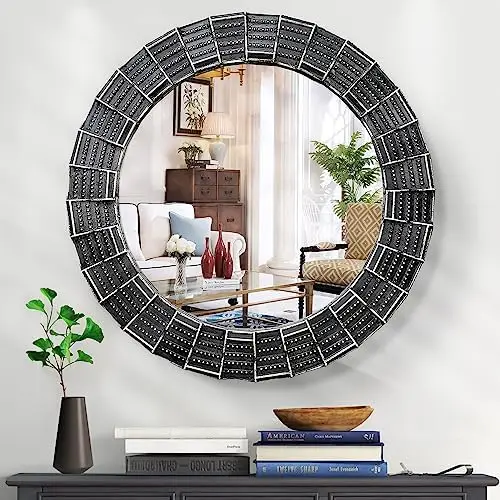 

Wood Mirror Farmhouse Mirrors - 31.4 Inch Rustic Circle Mirrors Distressed Decorative Mirror for WALL Decor, Bedroom, Living Roo