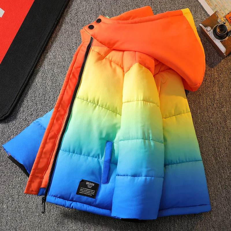 Boys' Winter Hooded Rainbow Long Sleeved Warm and Windproof Cotton Jacket Fashionable and Versatile Gradient Jacket