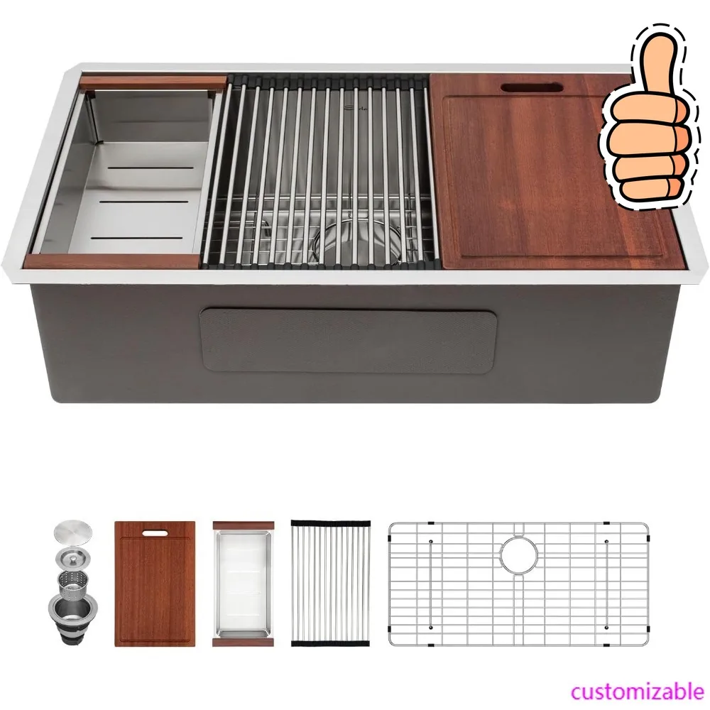 NEW-32 Inch Undermount Sink Stainless Steel Undermount Kitchen Sinks Workstation Single Bowl 16 Gauge Under Counter Kitchen Sink