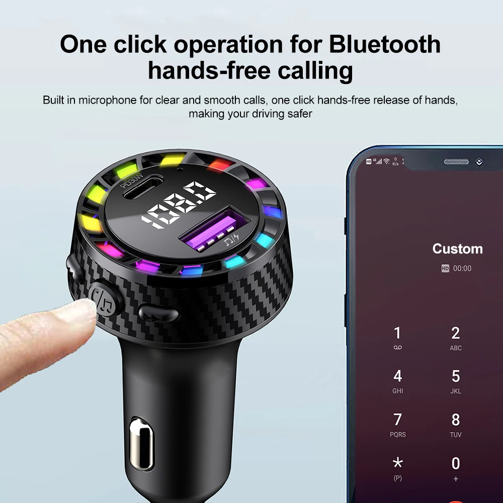 Car Bluetooth 5.3 FM Transmitter Wireless Audio Receiver Car MP3 Player 30W PD Fast Charge With Apple Type-C Port Charging Cable