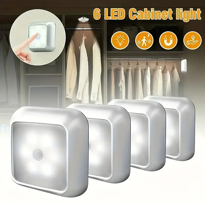 6LED Motion Sensor Cabinet Night Light Wireless for Bedroom Corridor Staircase Indoor Decor