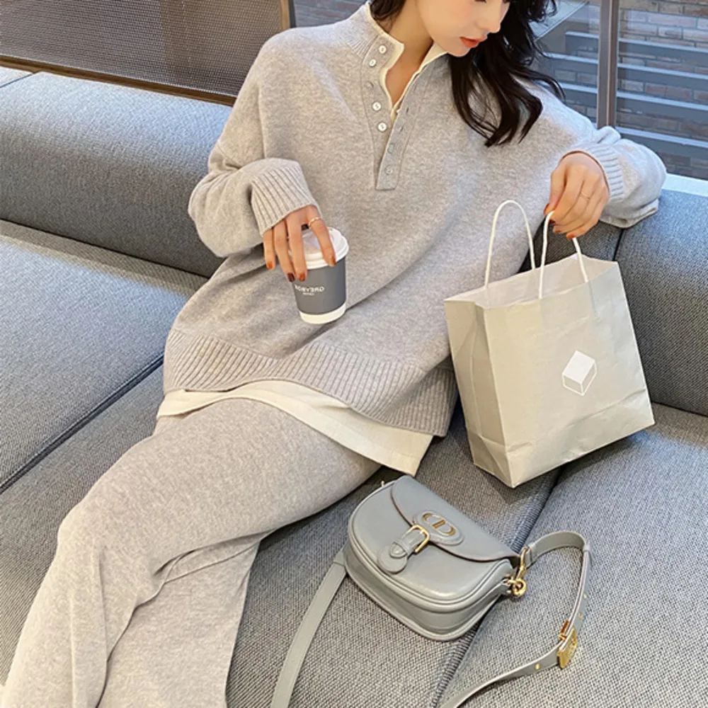 

Women 2 In 1 Henley Shirt With Button Long Sleeve Sweater And Wide Leg Pant Fall Winter 2 Piece Set Grey / Black / Pink