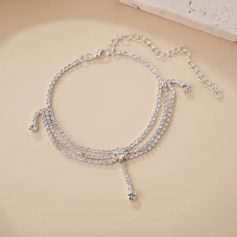 Tassels Style Inlaid Cubic Zirconia Silver Anklet for Women
