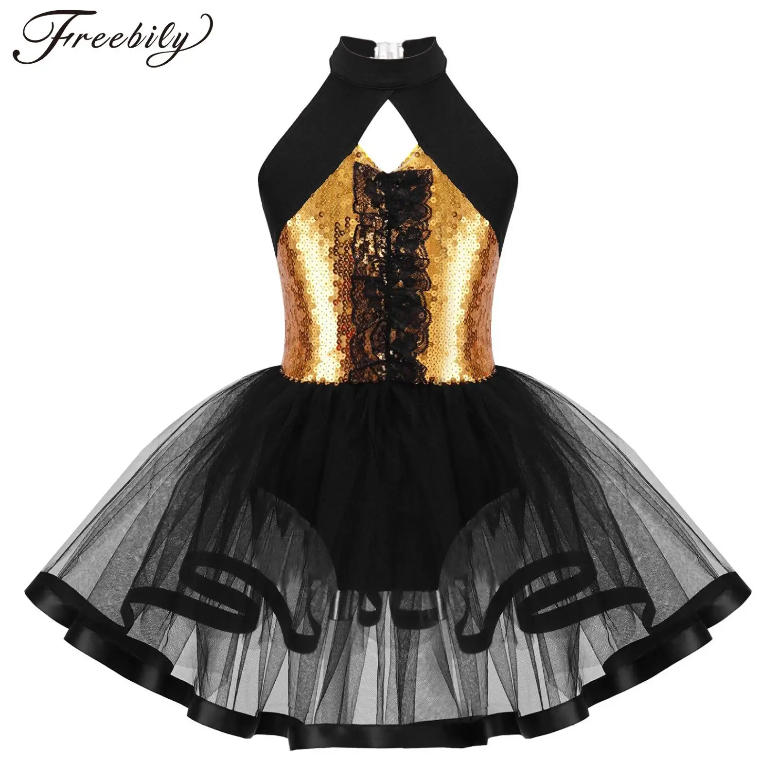 

Kids Girls Ballet Dance Leotard Dress Sleeveless Backless Shiny Sequin Lace Mesh Princess Tutu Party Stage Performance Dancewear