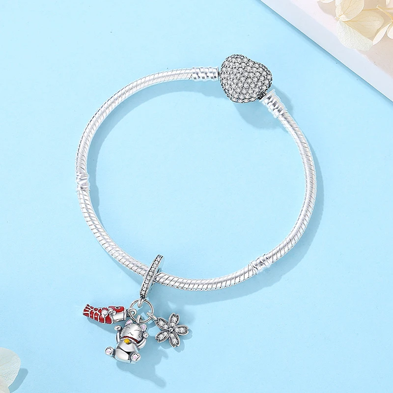 925 Sterling Silver Charms Maneki Neko Lucky Fortune Cat Beads Pave CZ Fit Pandora Bracelets Necklaces Women charm jewelry sterling silver jewelry beads charms animal charm jewelry sterling silver beads silver charm bead charm bead beads jewelry sterling silver beads charm