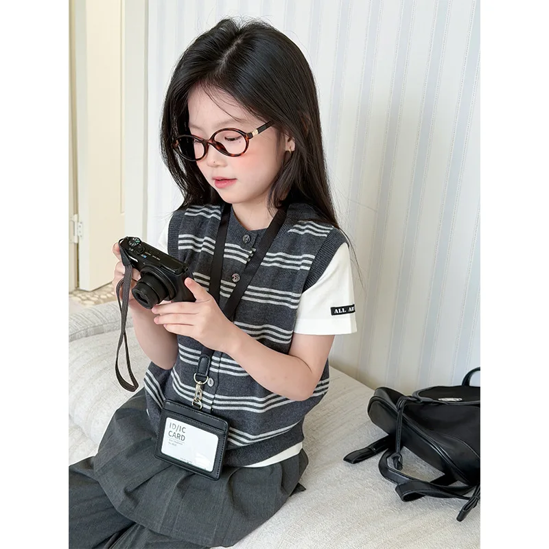 키즈 캐주얼 한국 스타일 라운드넥 베스트 패셔너블 캐미솔 레이어드 니트 와이드 스트라이프 베스트 탑 부티크 의류