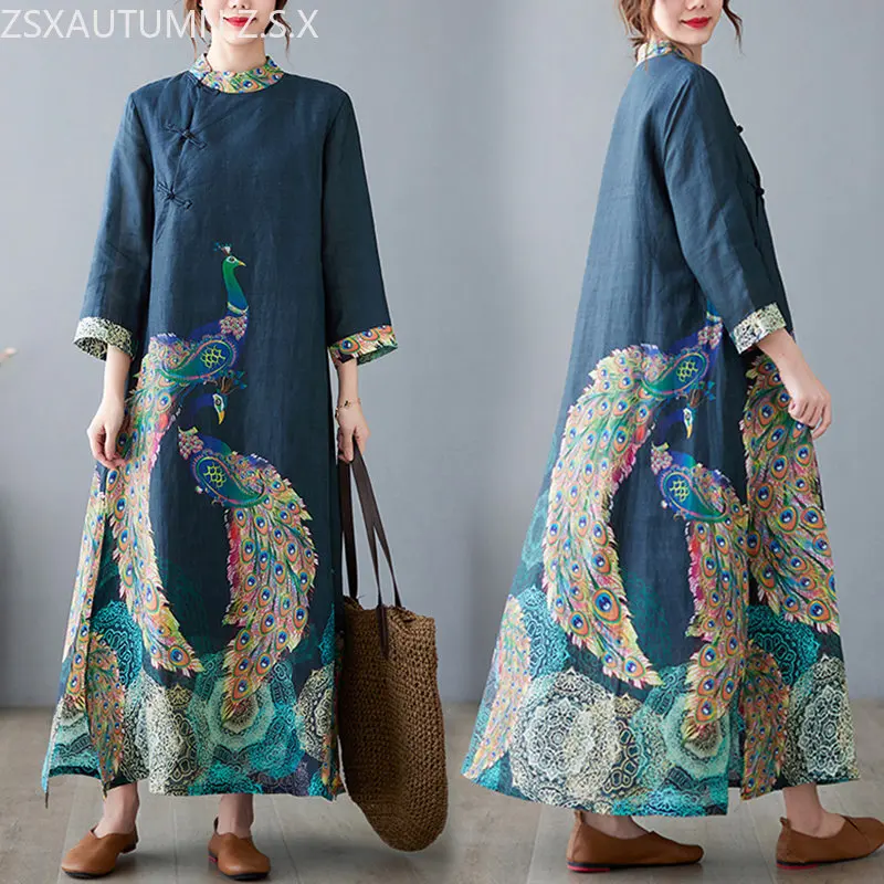 

Chinese Style Vintage Qipao New Ethnic Style Cotton Linen Cheongsam Peacock Print Long China Traditional Elegant Women Dresses