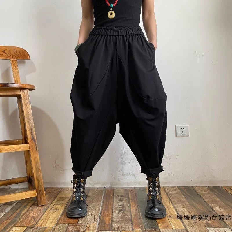 

2022 Spring Autumn New Arts Style Women Elastic Waist Ankle-length Loose Pants All-matched Casual Solid Black Harem Pants C262