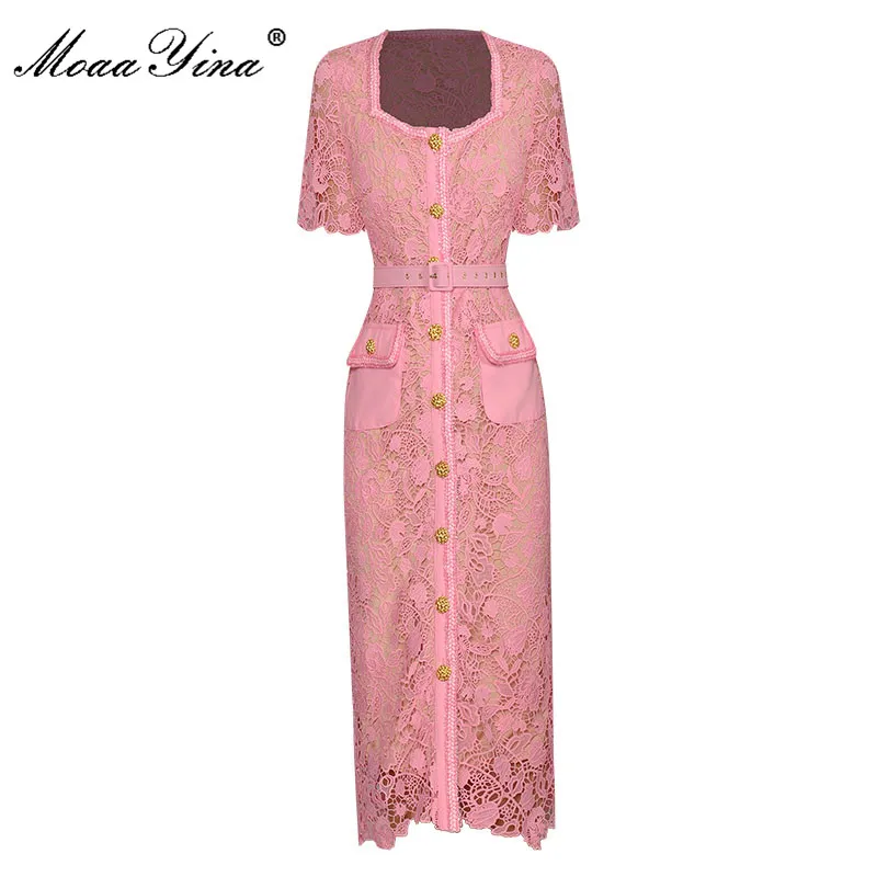 

MoaaYina/модное дизайнерское платье; Летнее женское платье с квадратным воротником и короткими рукавами; Однобортное кружевное платье на шнуровке