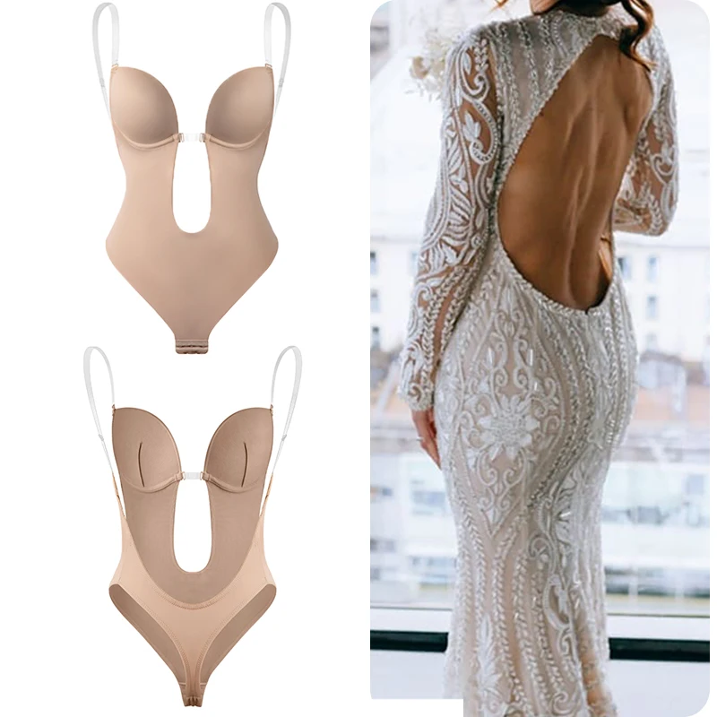 Women Bodysuit Shapewear Deep V-Neck Body Shaper Backless U Plunge Shapers Trainer Clear Strap Padded Push Up Corset Weddings waist trainer women body shaper sexy bodysuit