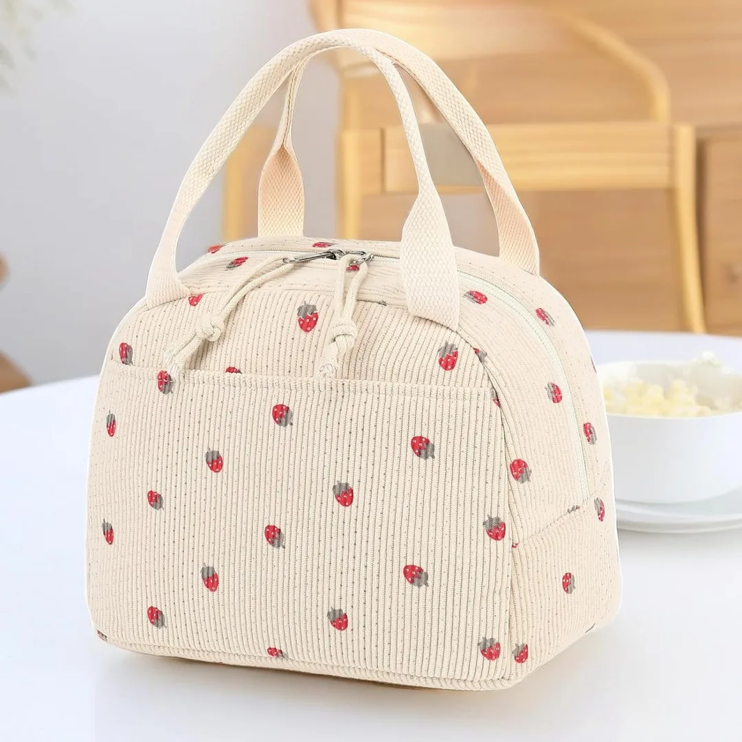 Corduroy Lunch Bag Cute Strawberry Pattern Portable Handbag Outdoor Picnic Food Pouch Multifunctional Handbag Lunch Bag Foldable