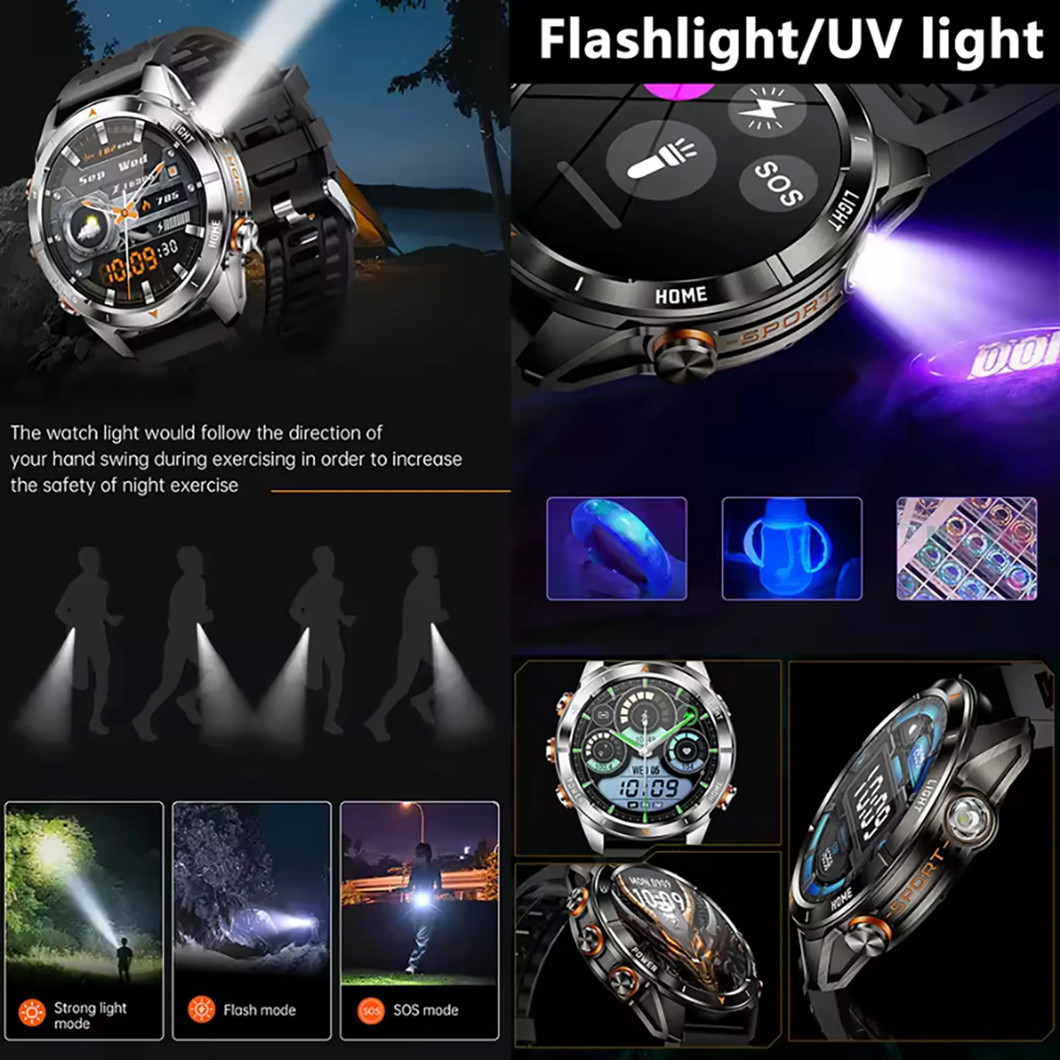 New Outdoor military Smart Watch IP69K 3ATM SWIM Waterproof Men 1.46" AMOLED BT Call 515mAh LED Flashlight Sports Smart Bracelet