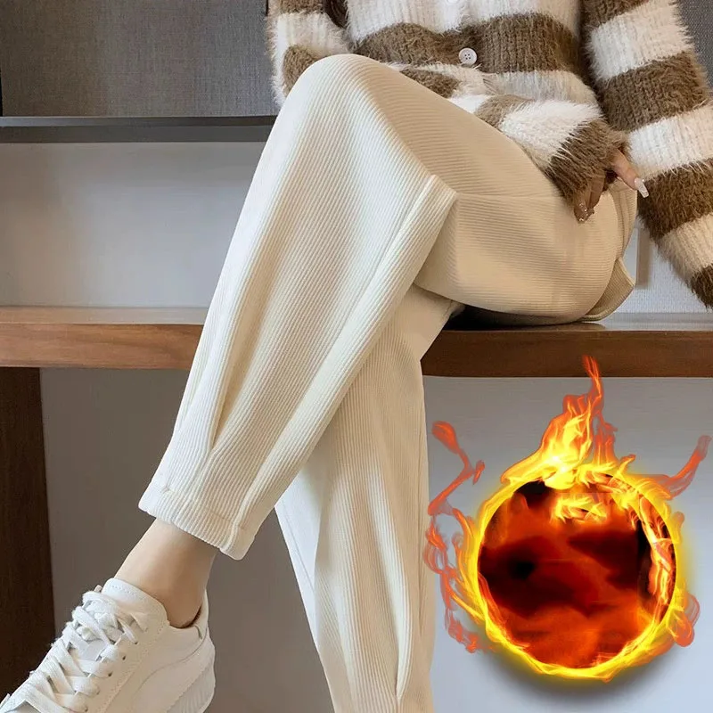 Autumn Winter New Thickened Warm Harem Pants Women Versatile Casual Loose Corduroy Pants Lady Elastic Waist Plus Velvet Trousers