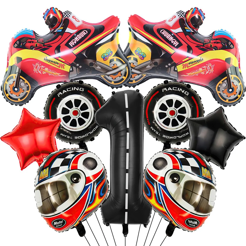 

9Pcs Race Car Party Decorations Motor Balloons Wheel Tire Birthday Number Foil Balloons Boys Dirt Bike 1st Themed Supplies