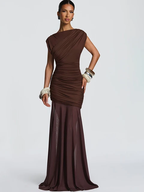 JULISSA MO Patchwork Sexy Sleeveless Ruched Mesh Women Maxi Dress Coffee Round Neck See Through Slim Elegant Party Evening Dress 1