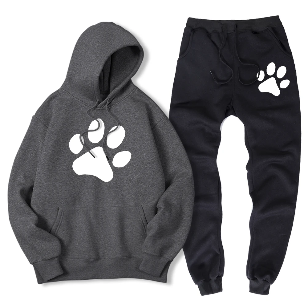 thumbnail image 1 of Sudadera con estampado de pata de perro de dibujos animados kawaii para hombre + pantalón deportivo de invierno cálido de polar, conjunto de 2 piezas, ropa deportiva holgada de gran tamaño para hombre, 1 of 5