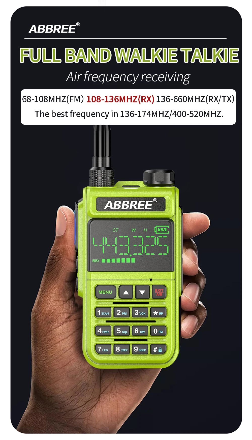 military walkie talkie ABBREE AR-518 Walkie Talkie Automatic Wireless Copy Frequency 10W 108-660MHz Air Band Long Range USB Charging Baofeng UV-5R Radi walkie talkies for adults