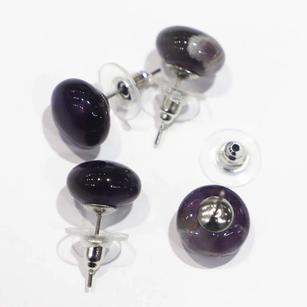8*12MM Natural Stone Round Stud Amethyst Earrings Rose Quartz Tiger Eye Crystal Simple Ear Handmade Bohemian Women Jewelry 6Pair