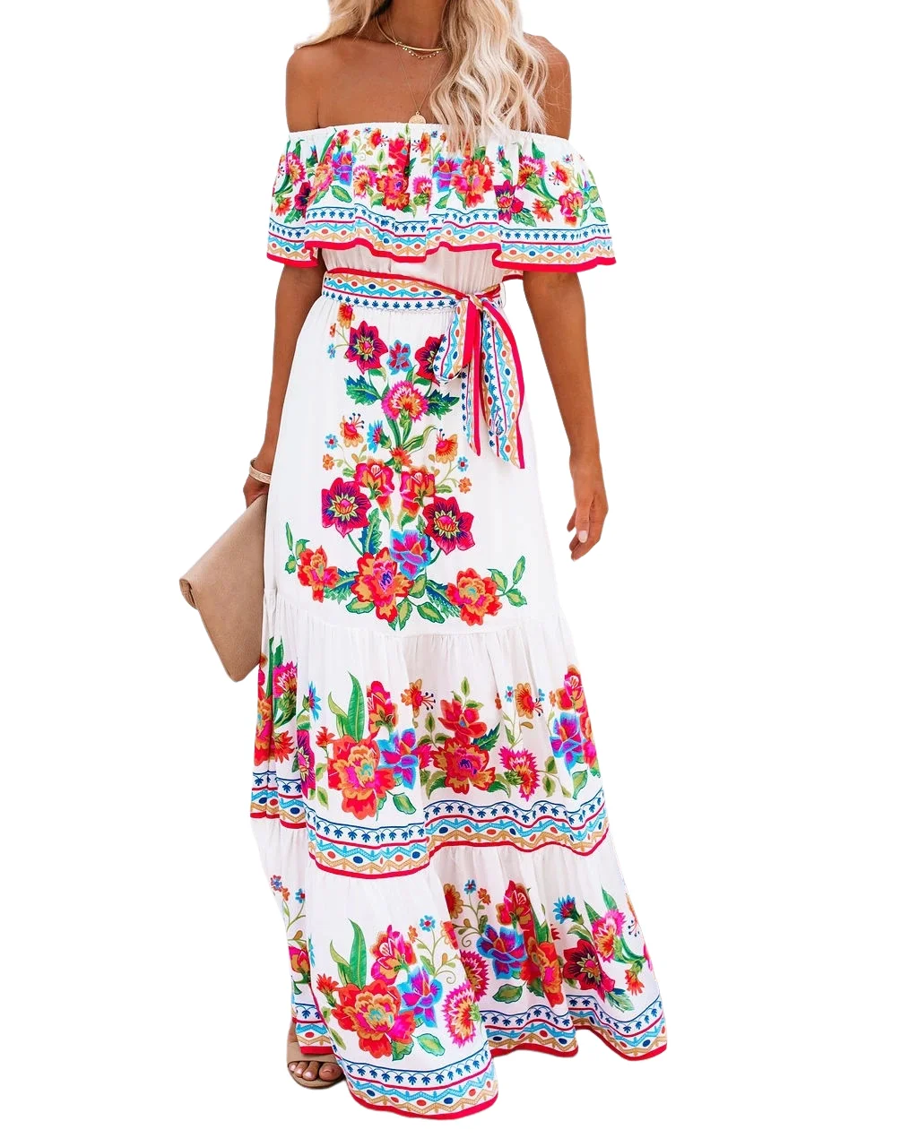 

Mexican Style Chiffon Beach Summer Dress for Women Off Shoulder Floral Print Maxi Gown Printed Sleeveless Evening Party Skirt