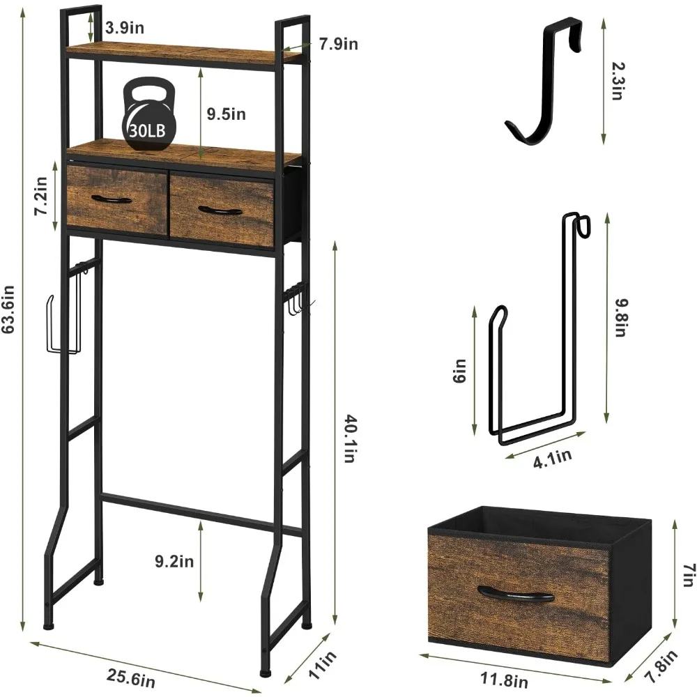 Over The Toilet Storage Cabinet with Fabric Drawers Bathroom Storage Over Toilet Fit Most Toilets, Rustic Brown 2