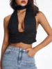 Women Ruched Halterneck Tops Solid Color Summer Casual Bandage Backless Sleeveless Crop Tops Streetwear 15