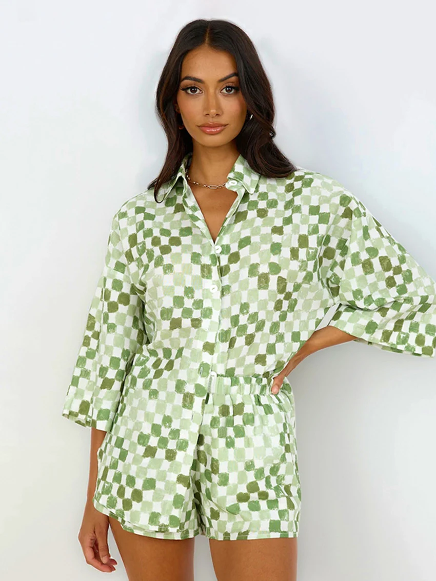 Marthaqiqi Fashion Printing Ladies Nightwear Suit Three Quarter Sleeve Pyjamas Turn-Down Collar Pajama Shorts Casual Nightie Set