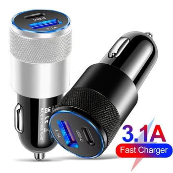 Caricabatterie da auto USB PD 3.1A con ricarica rapida di tipo C per iPhone, Xiaomi, Huawei, adattatore per accendisigari con ricarica rapida.