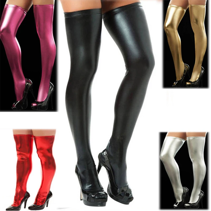 

Women PU Leather Leggings Thigh High Long Stockings Stretch Over Knees Wetlook Clubwear Sexy Socks Pole Dance Nigth Clubwear