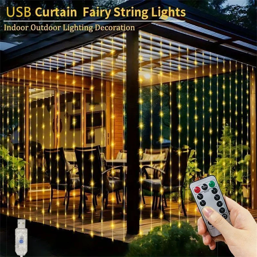 thumbnail image 1 of USB Curtain Lights 8 Modes LED Curtain Fairy Lights with Remote Christmas Decorations for Home Wedding Decor New Year 2025, 1 of 5