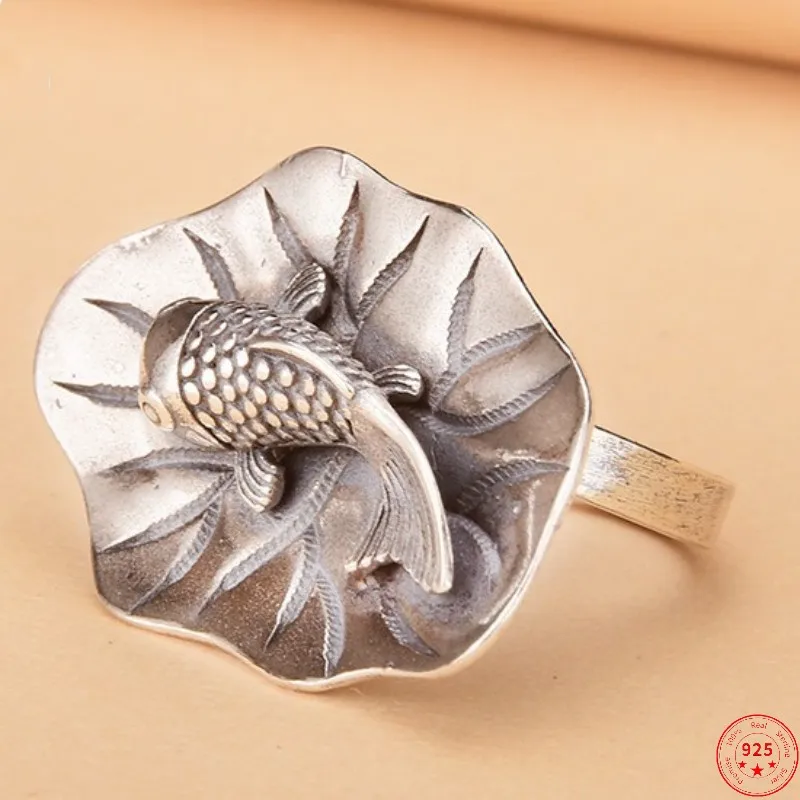 

S925 Sterling Silver Rings for Women Men 2022 Christmas New Fashion Lotus Leaf Fish Carp Adjustable Pure Argentum Jewelry