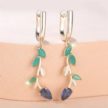 Blue Crystal Water Drop Stone Pendant Green Jade Leaf Hoop Earrings For Women Vintage Gold Color Ear Buckle Wedding Jewelry Gift