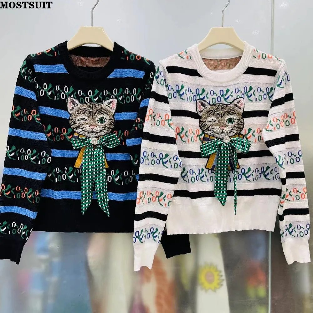 

Cat Embroidered Beaded Stylish Sweater Tops Women Jacquard Striped Long Sleeve Pullovers 2024 Spring Vintage Elegant Jumpers